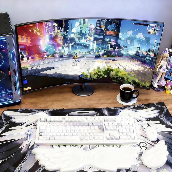 Angel Wing Wrist Rest Ergonomic Memory Foam Wrist Rest for Computer Keyboard Mouse Set with Cup Mat, Cute Gaming Keyboard Cushion Hand Support PU Leather Surface Anti-Slip Waterproof（White）