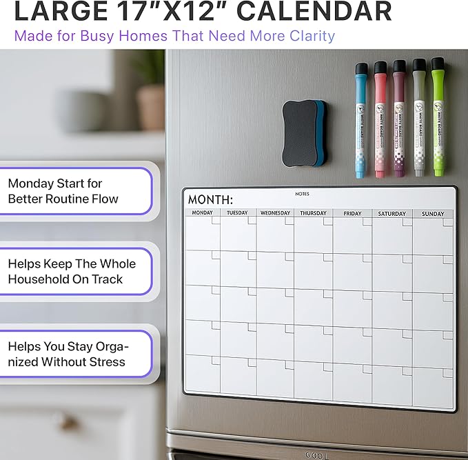 Monthly Magnetic Dry Erase Calendar for Refrigerator – Monday Start Calendar Magnet 17 x 12” | Whiteboard Calendar for Fridge | Include 5 Markers & Eraser - Freedom Mastery
