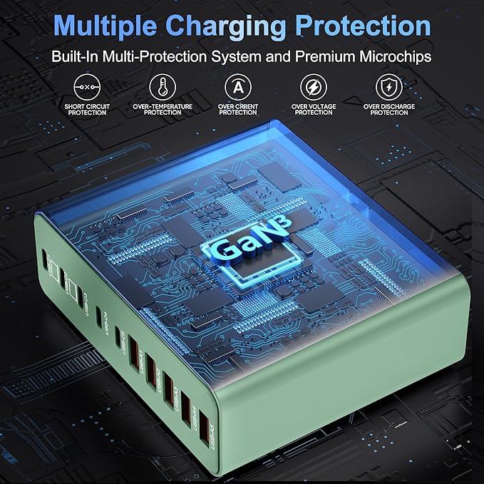 800W USB C Charger Block,10-Port Charging Station GaN Fast Charging Type C & USB A Wall Charger Adapter for MacBook Pro/Air,iPhone,iPad,Dell XPS,Samsung Galaxy(Green)