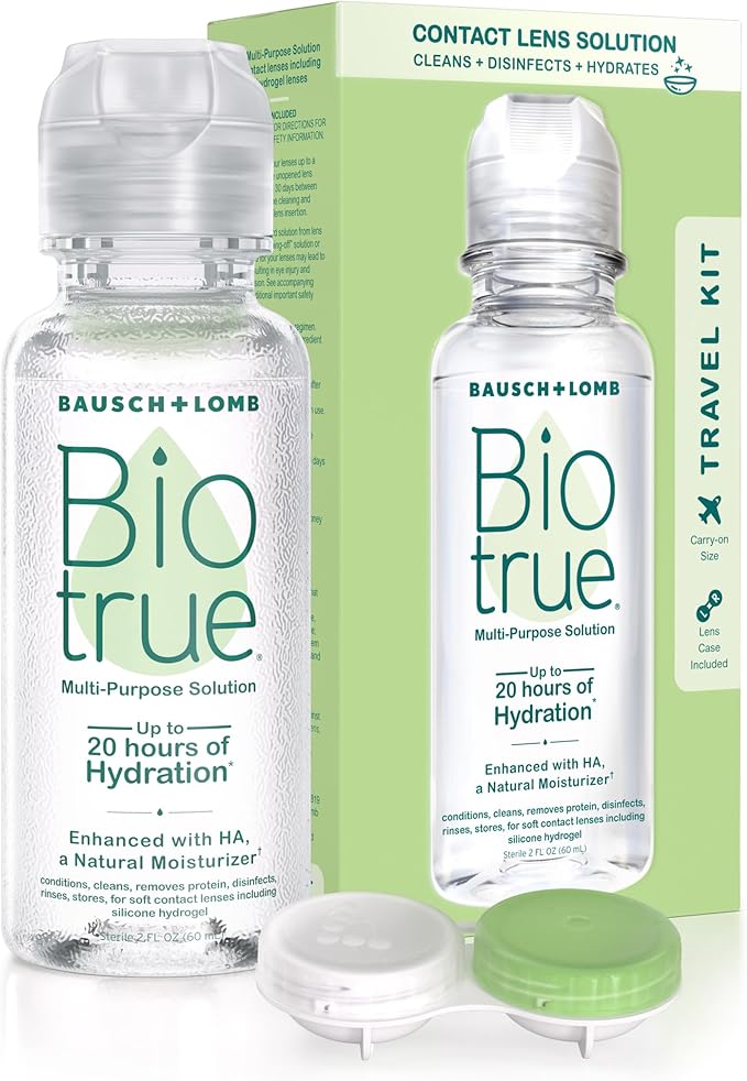Biotrue Contact Solution, Multi-Purpose Solution with Lens Case, Cleans, Conditions, Hydrates, Disinfects, Removes Protein, Dirt & Debris, Contact Lens Cleaner & Storage, 2 Fl Oz (Pack of 1)