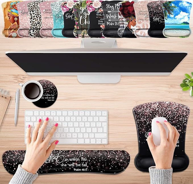 Keyboard Wrist Rest Pad and Ergonomic Mouse Pad Wrist Support Set Psalm 46:5 God is Within Her,She Will Not Fall Rose Gold Black for Gaming,Office,Comfortable and Pain Relief with Coaster Set