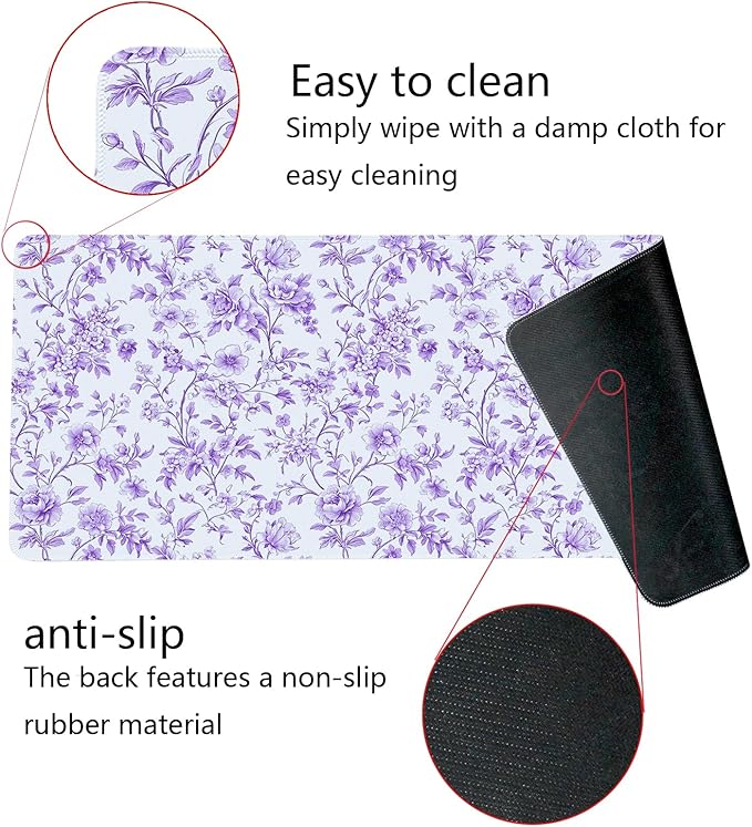 Purple Chinoiserie Mouse Pad,Vintage Purple and White Floral Desk Mat,XL Large Vintage Flowers Preppy Mouse Pad,Girly Laptop Desk Mat for Dorm Home Office,31.5x11.8 Inch