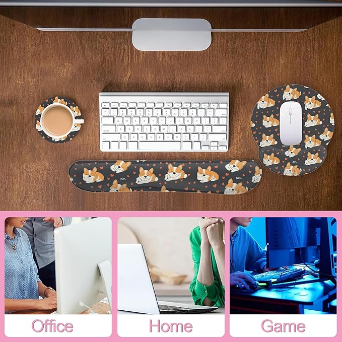 Cute Funny Corgi Dog Keyboard Wrist Rest Pad and Mouse Pad Wrist Support Set,3-in-1 Ergonomic Mouse Pad with Non-Slip Rubber Base for Home Office Game Computers Desk,