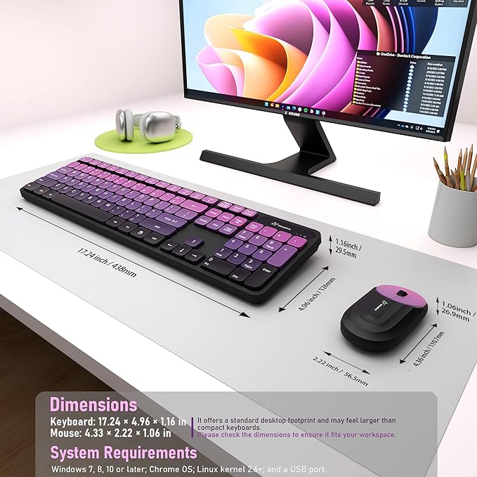 Wireless Keyboard and Mouse Combo - 2.4G Wireless, Rechargeable, Low-Noise, Cute Colorful, Full-Sized, 3 DPI Adjustable Mouse, for Computer, Laptop, PC, Desktop (Black Pink)