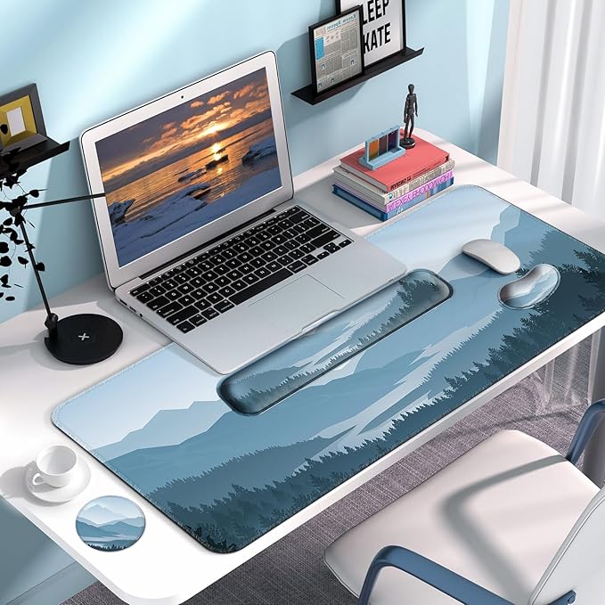 Keyboard Wrist Rest + Mouse Pad with Wrist Support + Desk Mat + Coaster 4 in 1 Set, XXL Large Gaming Mousepad Cute Ergonomic Mouse Pads for Desk Computer Laptop Office Decor-Vector Forest
