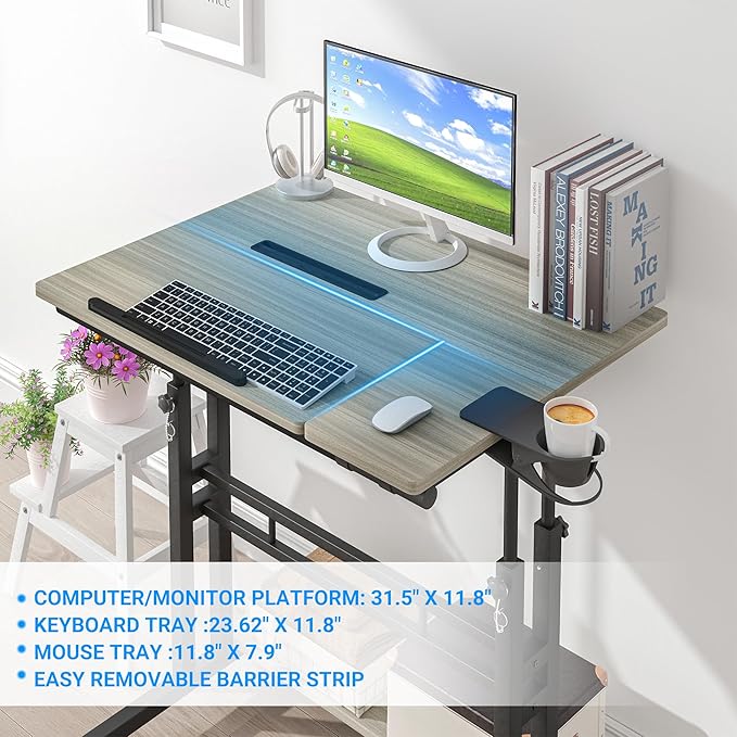 Panta Mobile Standing Desk, Adjustable Rolling Computer Desk with 3 Desktops, Portable Laptop Table with Cup Holder, Home Office Laptop Workstation on Lockable Wheels, Grey Oak