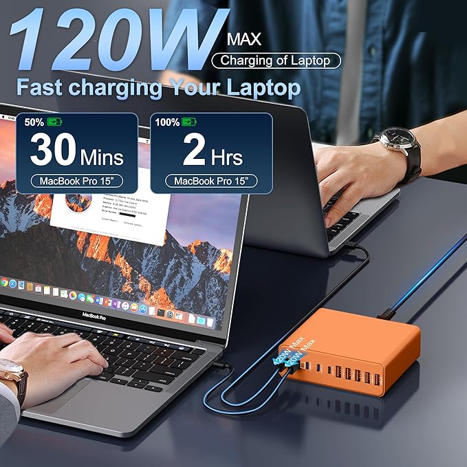 800W USB C Charger Block,10-Port Charging Station GaN Fast Charging Type C & USB A Wall Charger Adapter for MacBook Pro/Air,iPhone,iPad,Dell XPS,Samsung Galaxy(Orange)