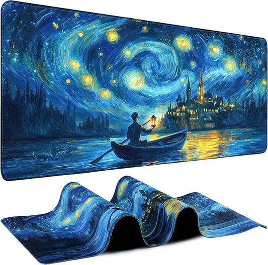 Mouse Pad Gaming - Desk Mat for Keyboard and Mouse - Van Gogh Starry Night Large Mouse Pads for Desk, Desks Pad Mat(35.4" X 15.7") with Non-Slip Base, Gaming Mousepad for Game, Office and Home