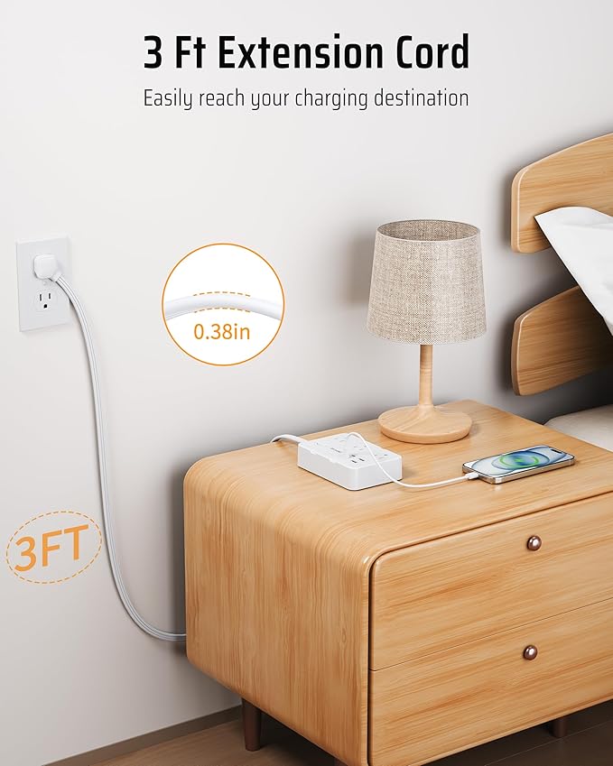 Surge Protector Power Strip with Flat Plug, 3 FT Extension Cord with 6 AC Outlets 4 USB Ports,1050J Surge Protection, Wall Mountable Charging Station for Office, Home, White