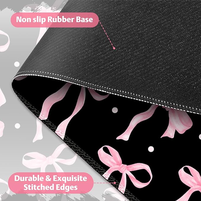 Desk Pad for Keyboard and Mouse, Large Mouse Pad for Desk, Non-Slip Keyboard Mat, Computer Mats for Desk, Cute Desk Pad with Stitched Edges for Office, Gaming I Black Pink Bow