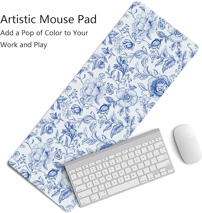 Blue Chinoiserie Mouse Pad,Blue and White Floral Desk Mat,XL Large Floral Preppy Trendy Mouse Pad,Girly Gaming Mousepad,Girly Laptop Desk Mat for Dorm Home Office Decoration,31.5x11.8 Inch