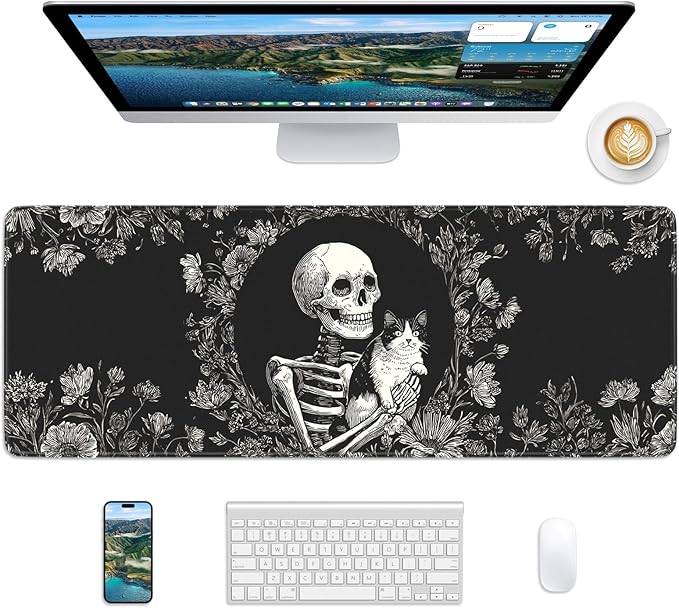 Skull Mouse Pad, 31.5 x 11.8 Large Desk Mat with Stitched Edges & Non-Slip Base, Mousepad for Office, Home, Work, Skull Cat