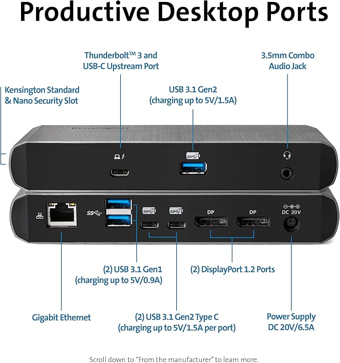 Kensington SD5500T Thunderbolt 3 and USB-C Docking Station, Dual 4K DisplayPort, for Macbooks, Windows and Surface, 60W PD (K38130US)