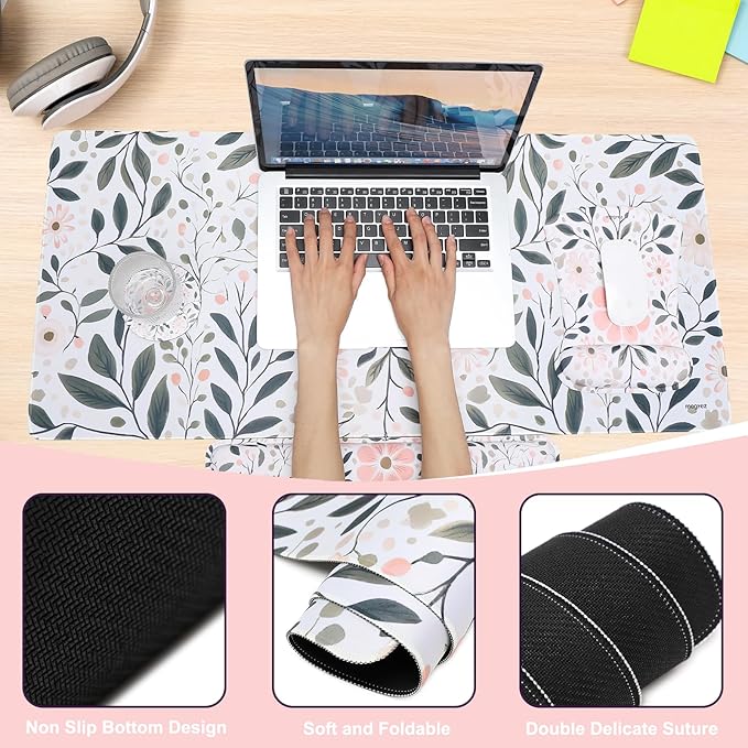 MEGREZ 4-in-1 Ergonomic Memory Foam Wrist Rest Set, Desk Pad, Mouse Pad with Wrist Rest, Keyboard Pad, Suitable for Office Workers, Programmers & Gamers–Relieve Typing & Gaming Fatigue, Red Flower