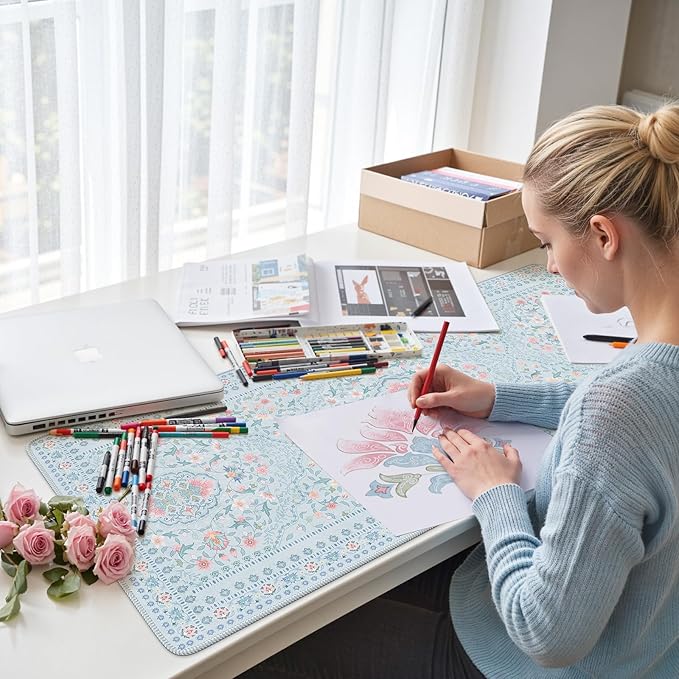 HAOCOO Floral Desk Mat for Keyboard and Mouse, Large Laptop Mouse Pad, Waterproof Makeup Mat, Cute Desktop Mat for Home, Desk Skirts for Teacher Desk, Desk Mat for Dorm(Blue)