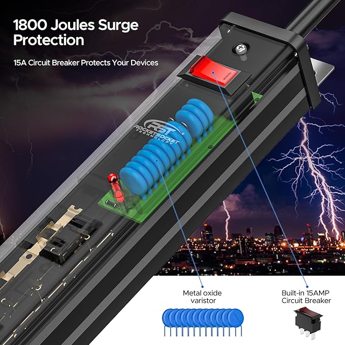 CRST 16-Outlet Long Power Strip, 15FT 1800J Heavy Duty Surge Protector with Wide-Spaced Outlets,15A Overload Protection, ETL Listed, Wall Mountable Metal Industrial Power Strip for Garage Workshop