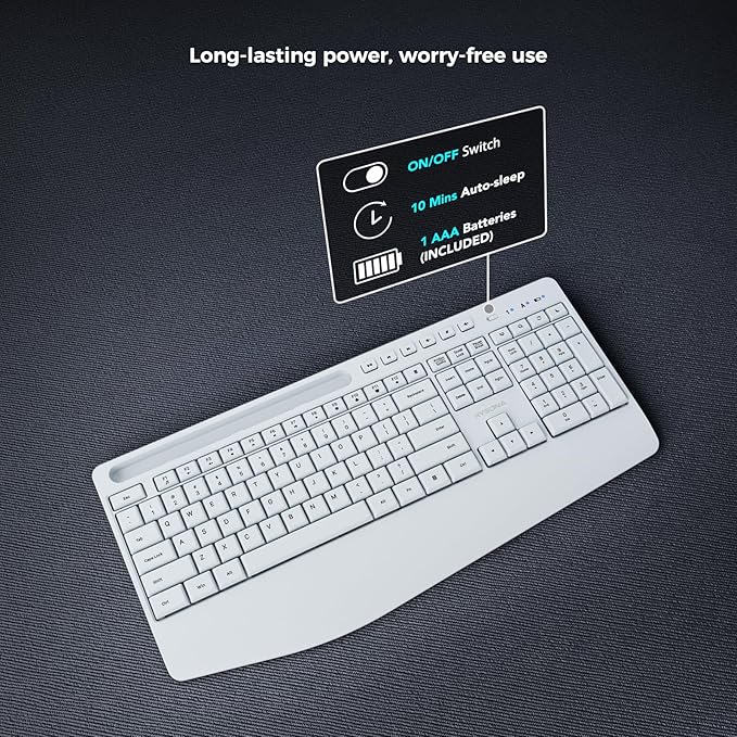 KYSONA 5th Gen Wireless Keyboard,2.4G Full-Sized Cordless Ergonomic Keyboard with Wrist Rest, Phone ipad Holder, Adjustable Angle, Compatible with Laptop/PC/Mac/Windows, White