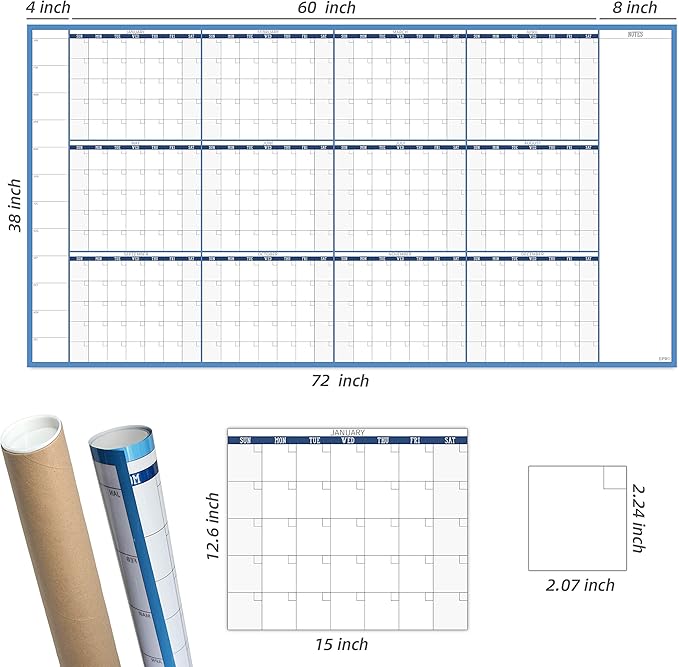 Large Dry Erase Wall Calendar - 38" x 72" - Undated Blank Reusable Yearly Calendar - Giant Whiteboard Annual Poster - Laminated Office Jumbo 12 Month Calendar