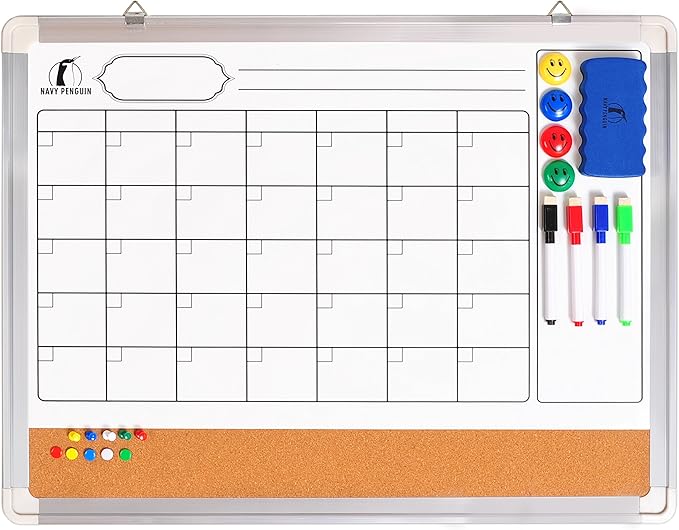 Whiteboard Calendar Dry Erase for Wall - 24 x 18 in White Board Planner Monthly Magnetic with 1 Eraser, 4 Dry Wipe Markers, 4 Magnets and 10 Push Pins - Wall Hanging Marker Board Month Calendar