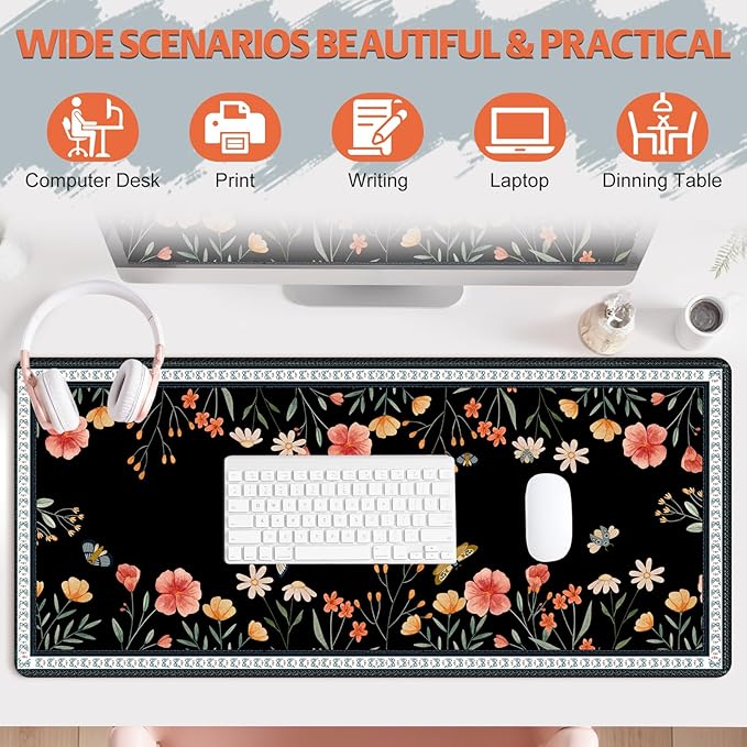 Desk Pad for Keyboard and Mouse, Large Mouse Pad for Desk, Non-Slip Keyboard Mat, Computer Mats for Desk, Cute Desk Pad with Stitched Edges for Office, Gaming I Black Butterflies Flowers