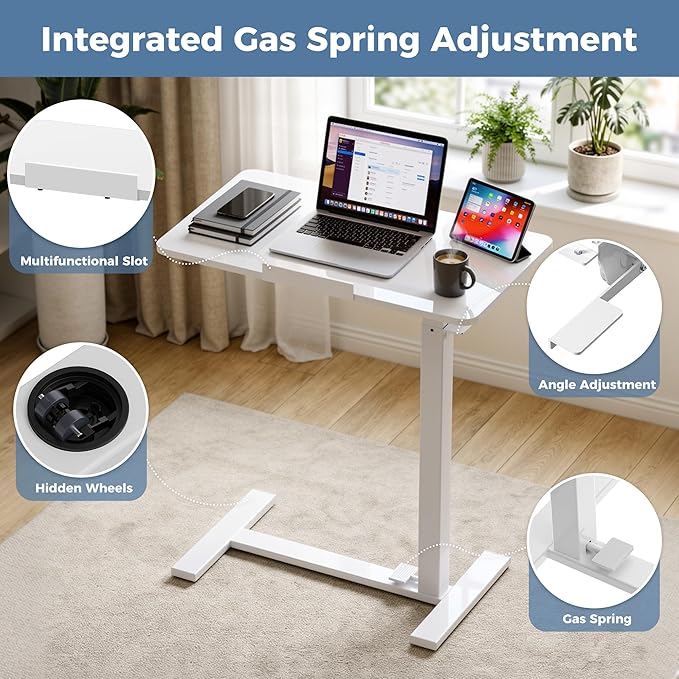 DUMOS Mobile Standing Desk, Height Adjustable Laptop Desk with Pneumatic Lift, Portable Computer Workstation Cart for Bed, Couch, Office, Sofa, White