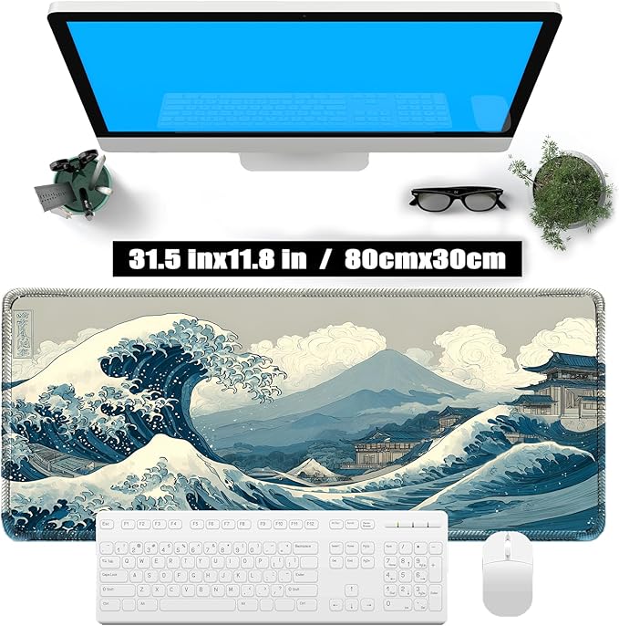 Kanagawa Wave Surfing Mouse pad,Large Japanese Anime Pattern Desk mat with Sewn Edges, microwoven Fabric, Easy to Clean, Suitable for Laptop Gaming Mouse pad (31.5×11.8in)