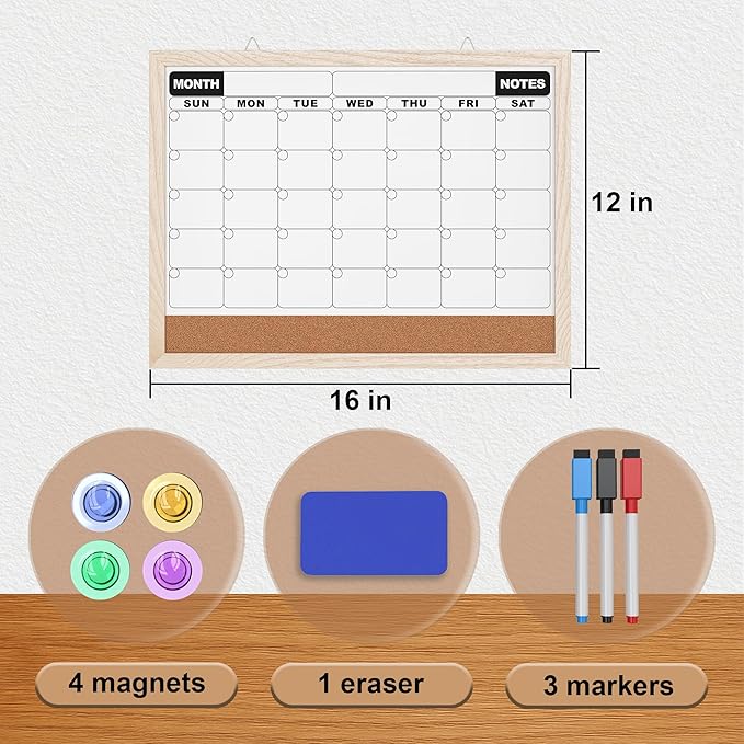 Monthly Calendar Dry Erase Board 16x12 Inch, Double-Sided Whiteboard and Corkboard Combo with White MDF Frame, Wall Mounted Planner Organizer with Markers, Magnets, Push Pins, Eraser