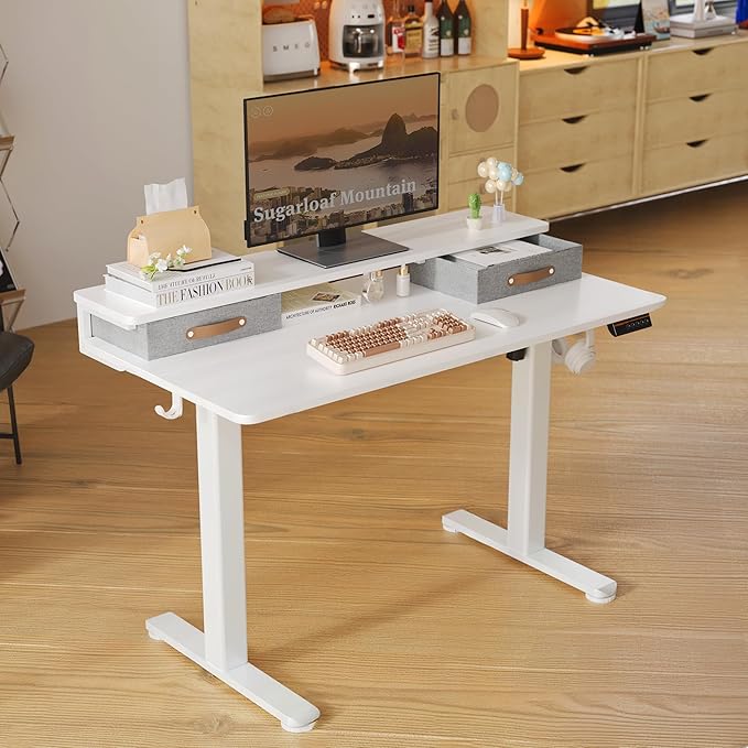 Seang Electric Standing Desk with 2 Drawers, Adjustable Standing Desk with Storage Shelf, Height Adjustable Stand up Desk for Home Office with 3 Presets & 2 Hooks, 55 Inch, White