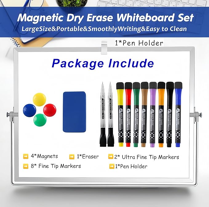 Magnetic Desktop Whiteboard with Calendar 12x16 Inch, Double Sided Tabletop Whiteboard with 10 Premium Markers (for Small Grids), 15-Pc Portable Monthly Planner for Office & School