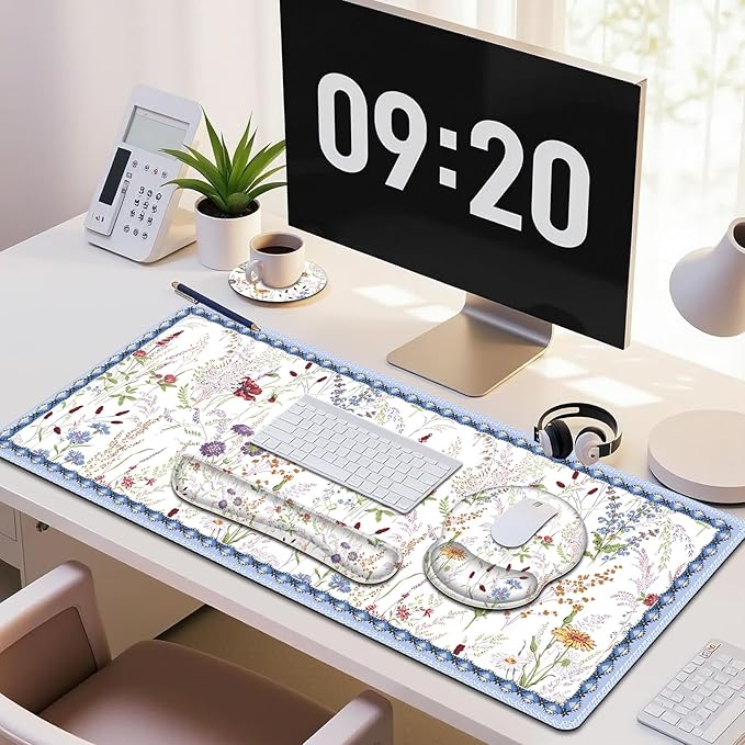 Floral Desk Mat, 4in1 Large Mouse Pad with Wrist Rest, Cute Desk Mat, Anti-Slip XXL Computer Ergonomic Mousepad with Wrist Support for Keyboard and Mouse, Colorful Weeds