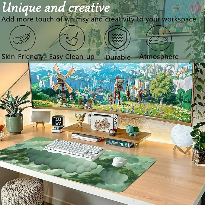 Green Cloud Mouse Pad and Keyboard Wrist Rest 4PCS Extended Forest Mountain Aesthetic Large Desk Mat Pad Set Memory Foam Non-Slip Cute Ergonomic Gaming Mouse Pad Wrist Support for Computer Home Office