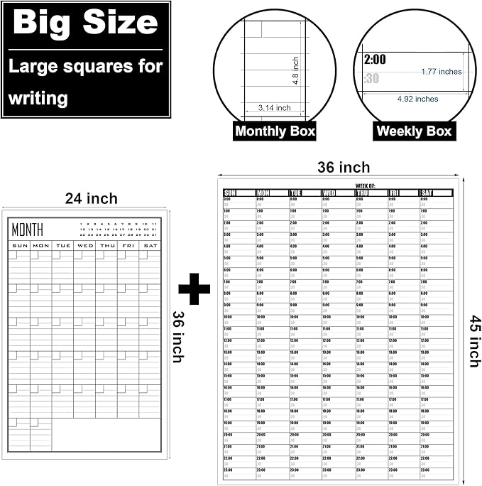 36x45 Inch Large Dry Erase Weekly Wall Calendar 24 Hour Time Slots And 24x36 Inch Big Monthly White Board Planner Combo For Work,Home Office,Jumbo Weekly Homeschool Calendar 30 Minute Increments