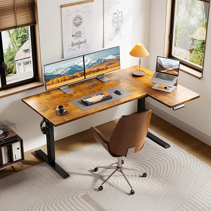 OffiGo Electric L Shaped Standing Desk, 55 Inches Height Adjustable Table, Reversiable Corner Stand Up Desk, Lifting Computer Table for Home Office, Computer Workstation, Rustic Brown