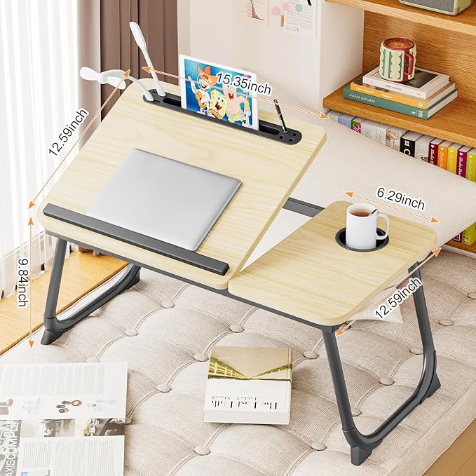 Laptop Desk for Bed, Adjustable Laptop Stand with 5 Different Angles, Portable Lap Tray Table with USB Charge Port and Cup Holder, Laptop Bed Desk Tray for Eating Working Writing (Yellow)