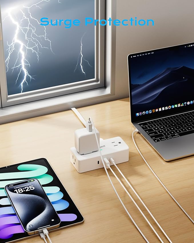 Surge Protector Power Strip, 10 ft Flat Extension Cord with 4 Outlets 3 USB Ports (2 USB C), Flat Plug Power Strip with 900 Joules Protection, Suitable for Home Office Dorm Room, White
