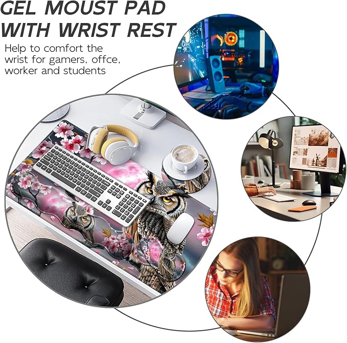 Gaming Mouse Pad Set, Cherry Tree Owl Large Desk Mat Mousepad, Keyboard Wrist Support, Mouse Wrist Rest, Coaster 4in1 Ergonomic Memory Foam, Non-Slip Stitched Edge for Home Office