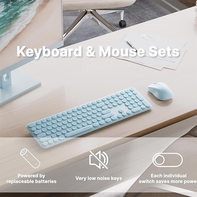x UBOTIE Wireless Keyboard and Mouse Combo with 110 Round Keycaps, Power Switch, and Scissor-Switch Typing Feel – Ideal for Office Use(Blue)