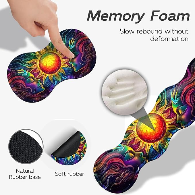 Gaming Mouse Pad Set, Colorful Sun Woman Large Desk Mat Mousepad, Keyboard Wrist Support, Mouse Wrist Rest, Coaster 4in1 Ergonomic Memory Foam, Non-Slip Stitched Edge for Home Office
