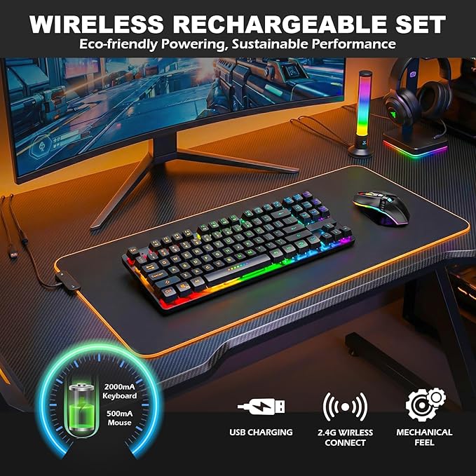 Wireless Gaming Keyboard and Mouse Combo, LED Backlit Rechargeable Battery, Ultra Compact Mechanical Feel Keyboard, RGB Mice for PC Gamer, Business Office, Durable Ergonomic, Wide Compatibility, Black