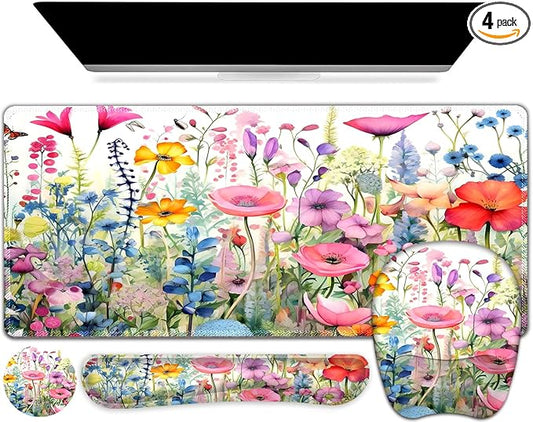 Large Mouse Pad with Wrist Support 4in1 Set, XXL Game Mousepad +Keyboard Wrist Rest+Mouse Wrist Rest+Coaster Ergonomic Design Gaming Mat for Home Office Table Computer I Gorgeous Rose Plants