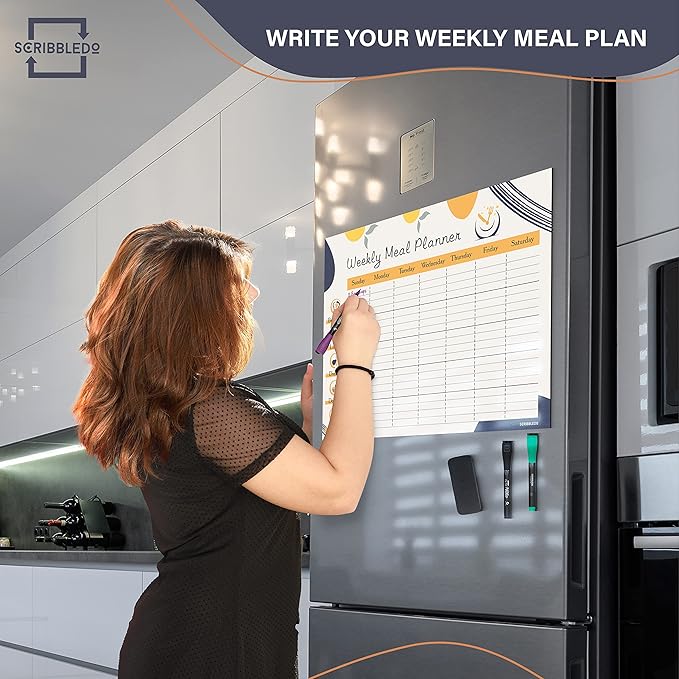 Weekly Meal Planner Dry Erase 13"X17” Magnetic Diet Planner for Fridge Whiteboard Menu Planner Shopping Grocery List Refrigerator White Board Dry Erase Magnet Monthly Menu Board for Kitchen 6 Markers