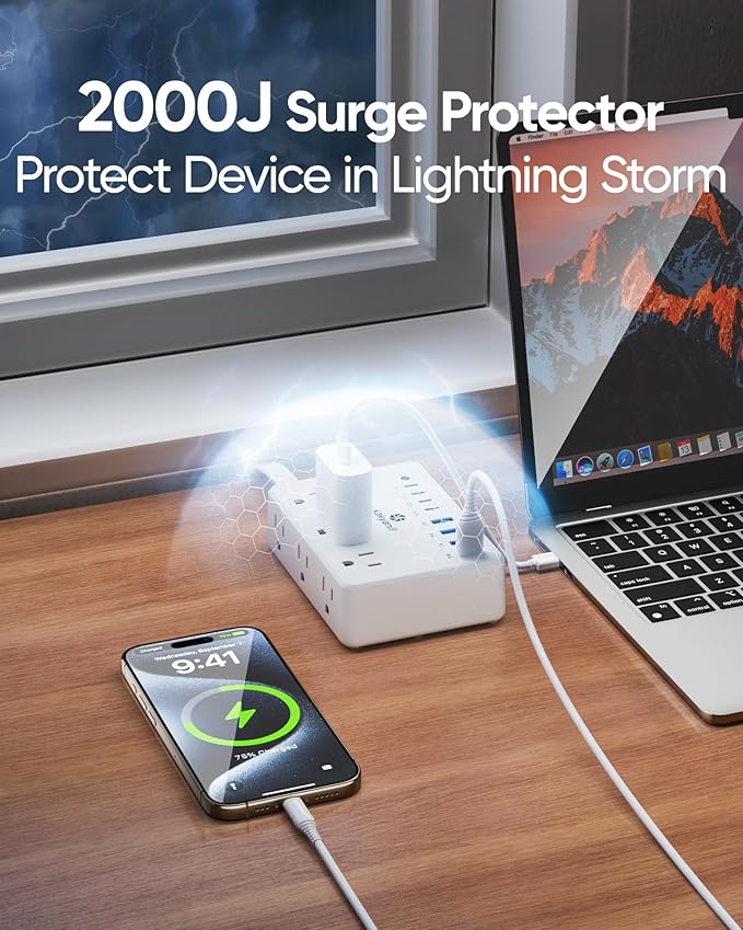 100W Charging Station, 6 AC Outlets 8 USB Power Strip with 2000J Surge Protector, 5ft Flat Plug Extension Cord, Compact for Desk Home Office Dorm, White