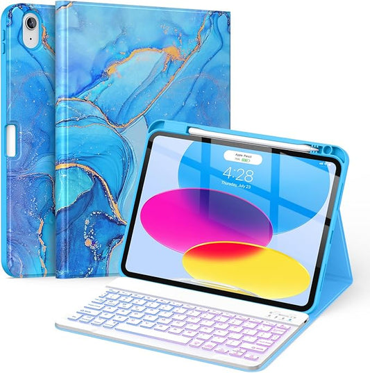 Soke for iPad (A16) 11th/10th Generation Case with Keyboard(2025/2022)-7 Color Backlight Wireless Detachable Folio Keyboard Cover with Built-in Pencil Holder for iPad 11/10.9 inch, Blue Marble