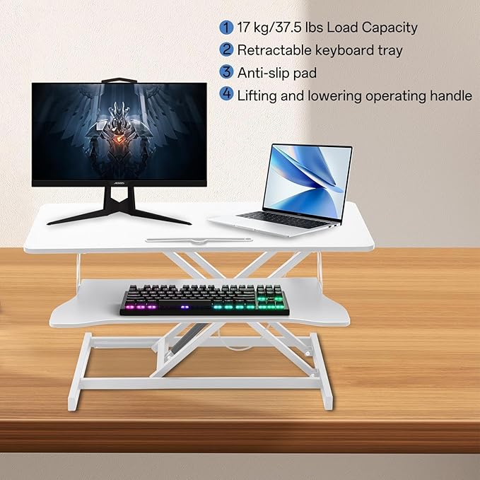 37" Desk Converter, Height Adjustable Stand Up Desk Converter, 2 Monitor Standing, Sit to Stand, Quick Sit to Tabletop, Riser Workstation with Wide Keyboard Tray