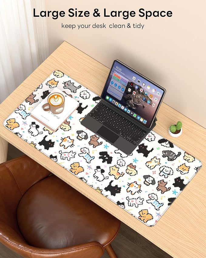 XL Gaming Mouse Pad, 31.5x15.7'' Large Desk Mat with Anti-Slip Rubber Base & Stitched Edges for Gaming, Office, Home, Cute Animals
