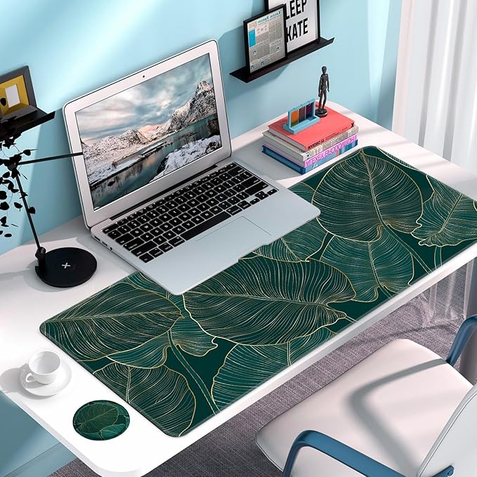 Large Gaming Mouse Pad with Coaster, Desk Matt for Desktop, Desk Pad, Mouse Pads Mat, Stitched Edges Big Extended Mousepad for Computer Keyboard Laptop Office Decor, 31.5'' x15.6''-Green Leaves2