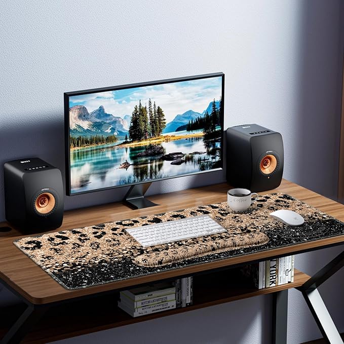 iLeadon Mouse Pad Set, Desk Mat + Mouse Pad with Wrist Rest + Keyboard Wrist Rest + Coaster, 4in1 Leopard Mouse and Keyboard Pad Set for Home Office, Black Gold Leopard