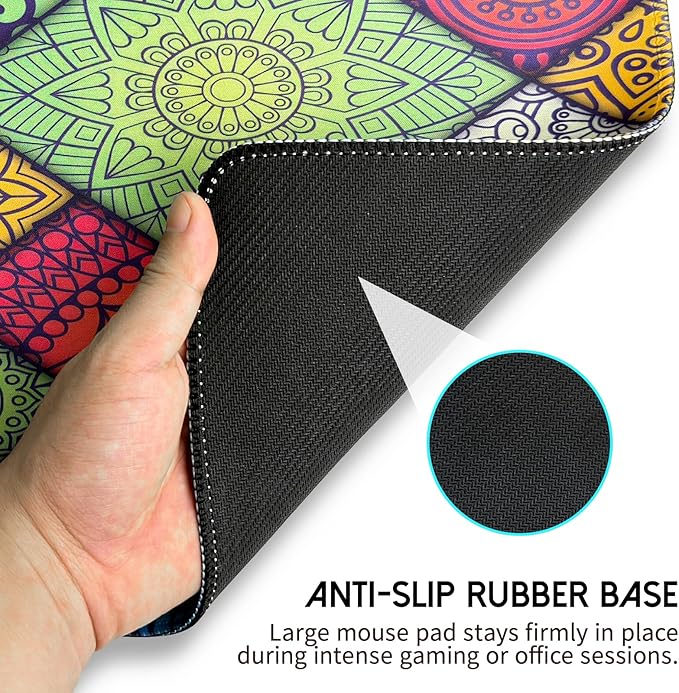 Colorful Boho Desk Mat,Large Cute Mouse Pad for Desk, Girly Mousepad with Stitched Edges, Computer Keyboard Mat for Work, Game, Office, Home, 31.5 x 11.8 Inch