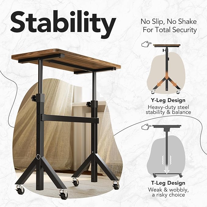 HUANUO 32'' Small Standing Desk with Wheels,28.7"-46.1" Heigh Adjustable Portable Rolling Desks,Mobile Stand Up Desk for Walking Pad and Treadmill,Sit to Stand Computer Workstation for Bedroom,Walnut