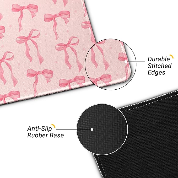 Large Computer Mouse Pad with Non-Slip Base for Desktop, Cute Gaming Mouse Mat with Stitched Edges, Long Extended Anime Mousepad for Laptop, 31.5 x 11.8 inches (Pink Bows)